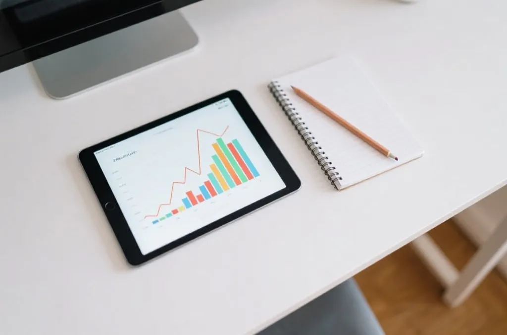 A modern minimalist workspace with a tablet displaying a colorful statistical line graph, a notebook with a pencil, top-down view